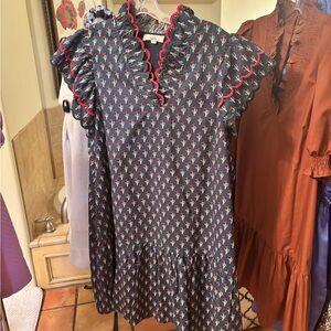 Navy Floral Ruffle Sleeve Mini Dress with Red Trim